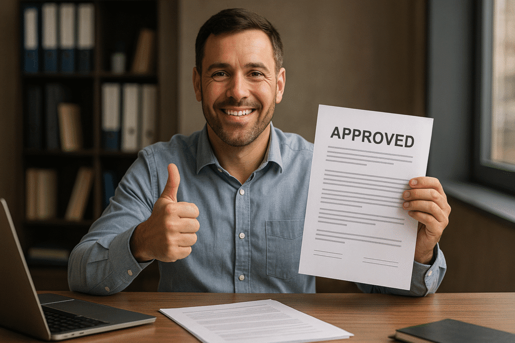 Happy business owner with approved loan document showing thumbs up