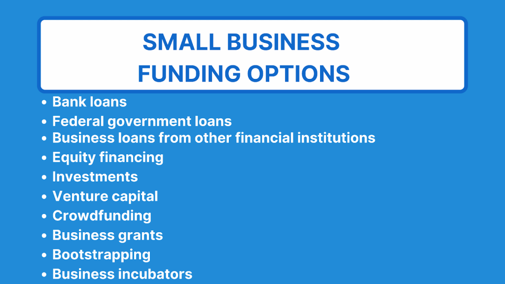 Comprehensive list of small business funding options including bank loans, government loans, equity financing, and more